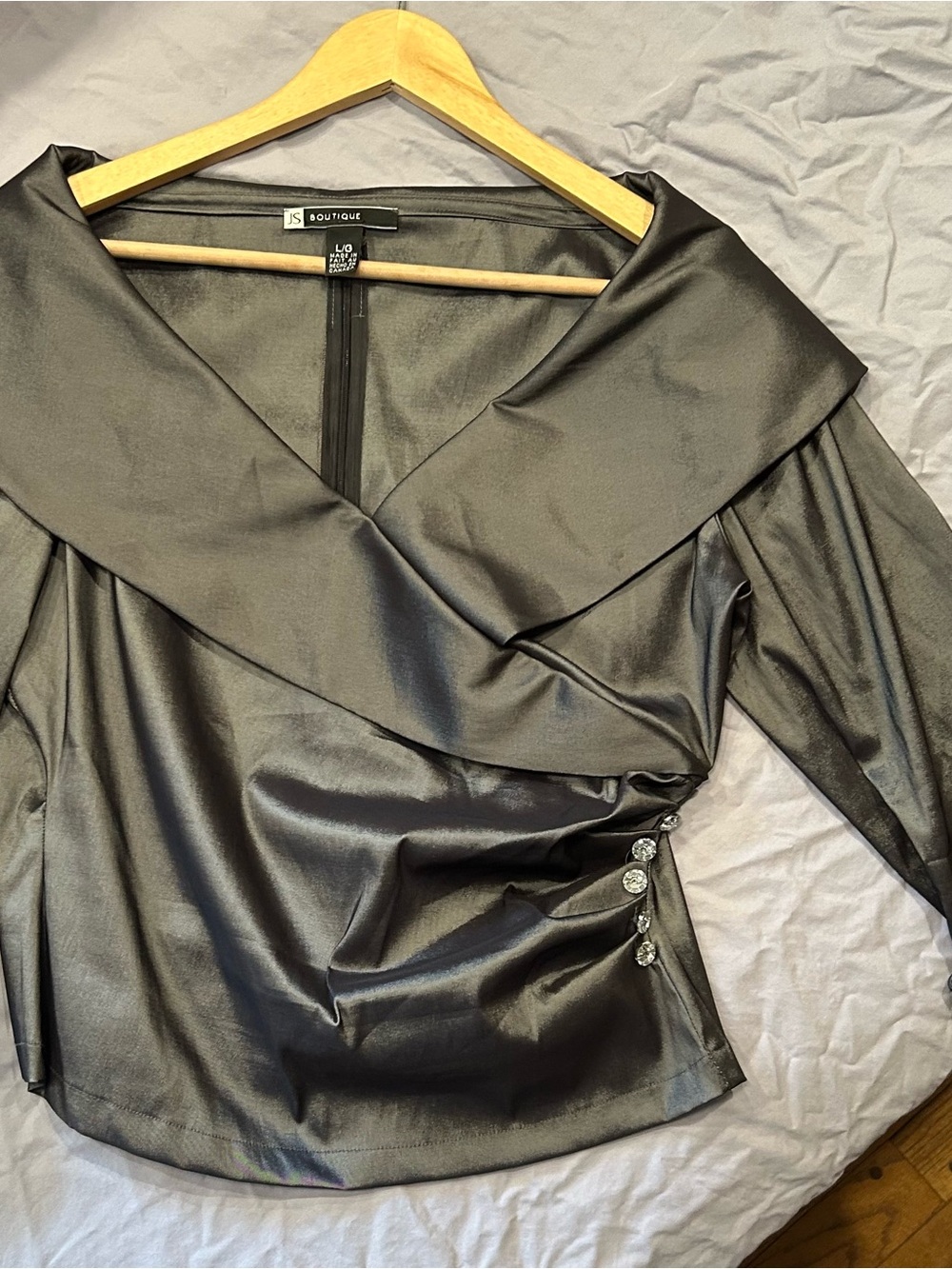 JS Boutique Shimmery Black Off-Shoulder Wrap Blouse